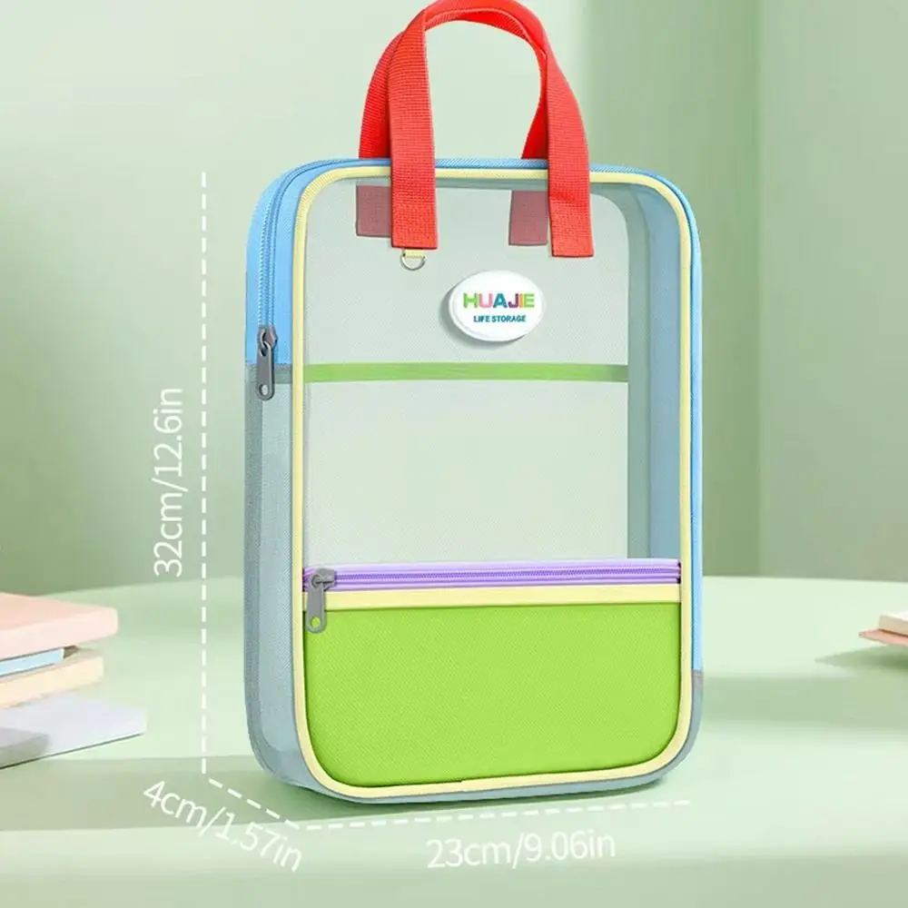 Simple L-shape Large Opening File Bag Transparent Handheld Mesh Folder Zipper Storage Bag Students
