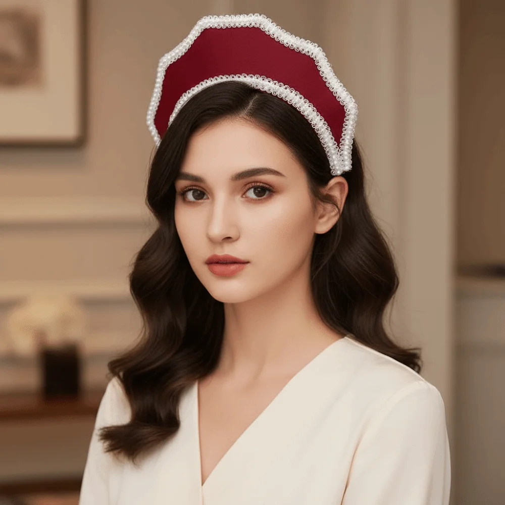 Soft Velvet Crown Headband Elastic Faux Pearl Trim Retro Queen Tiara Lightweight Non Slip Design Baroque Hair Hoop