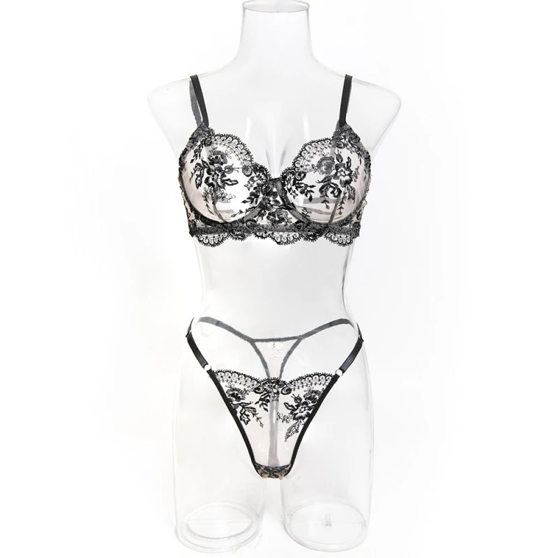 

Bikini mesh heavy embroidery floral see-through two-piece swimsuit set for women