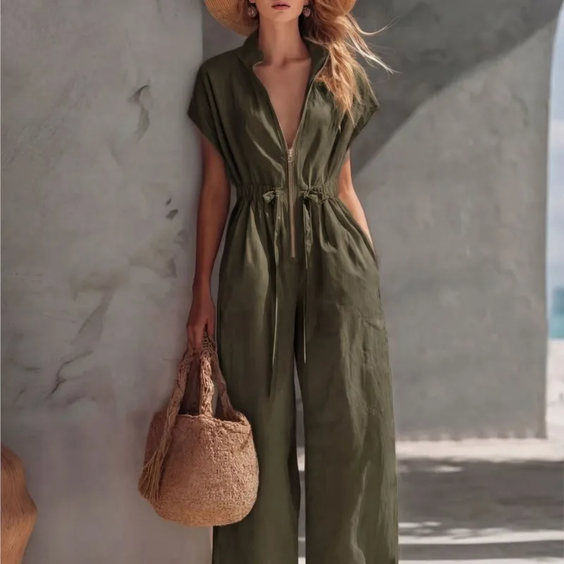 Retro Casual V-neck Short-sleeved Zipper Drawstring Waist Solid Color Jumpsuit With Pocket Women's Summer New Commuting Jumpsuit