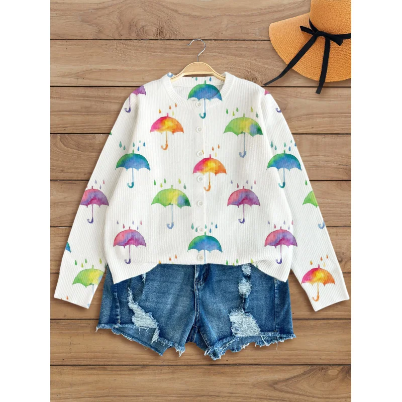 

Colorful Umbrella Print Digital-Printed Women's Knit Cardigan Thick & Loose Fit Round Neck Long Sleeves Autumn/Winter Casual Sty