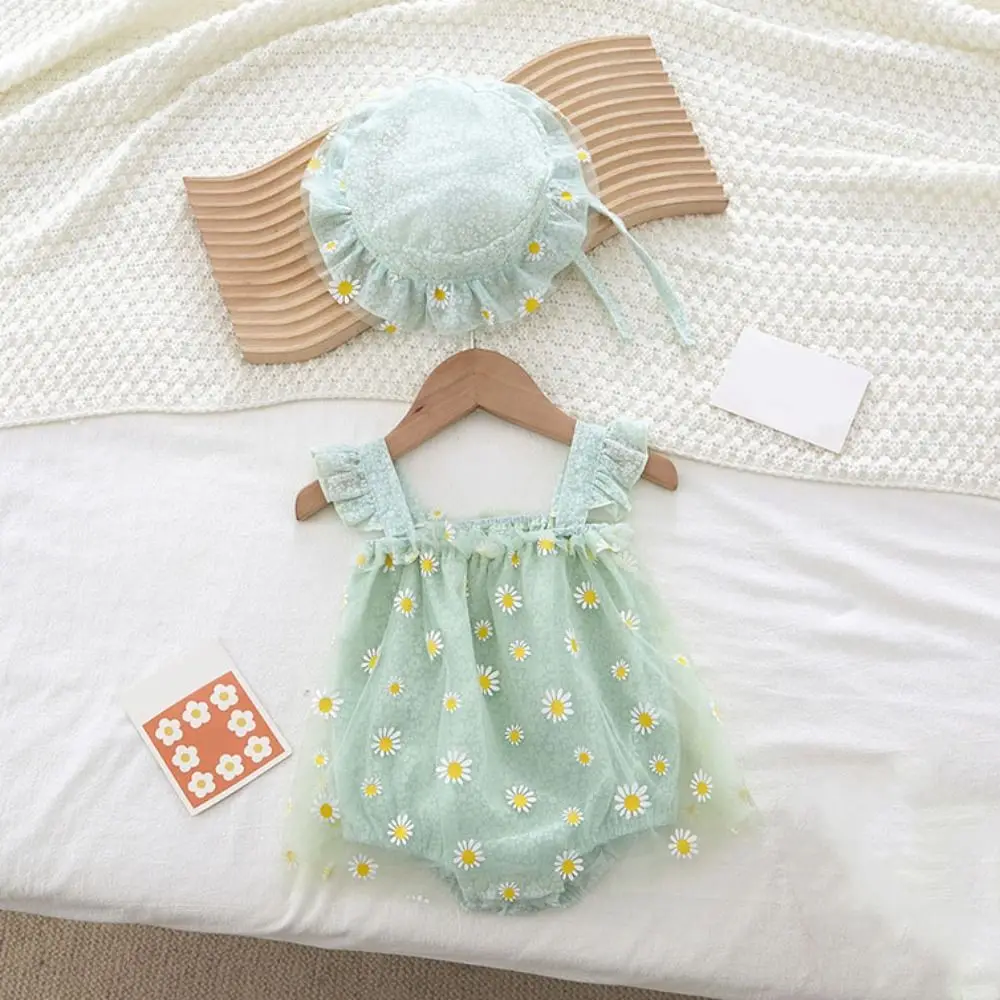 

Mesh Flower Baby Princess Dress with Hat Loose Sweet Thin Baby Climbing Suit Infant Romper Sleeveless Toddle Jumpsuits