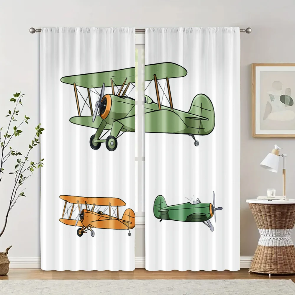 2pcs, Window Curtain Green biplanes and bright orange propeller planes Polyester (without rod) Art Deco Festive Use for Kitchen