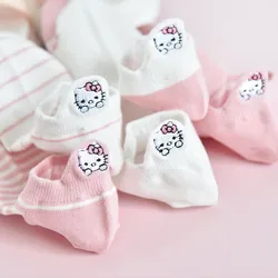 Meias bordadas Hello Kitty para mulher, meias invisíveis, algodão puro, desenhos animados fofos, todo o algodão, moda, 3 pares