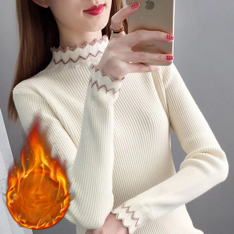 

2024 Women Autumn Winter New Thick Warm Velvet Jumpers Female Semi-turtleneck Knitted Tops Ladies Long-sleeved Sweater Tops B787