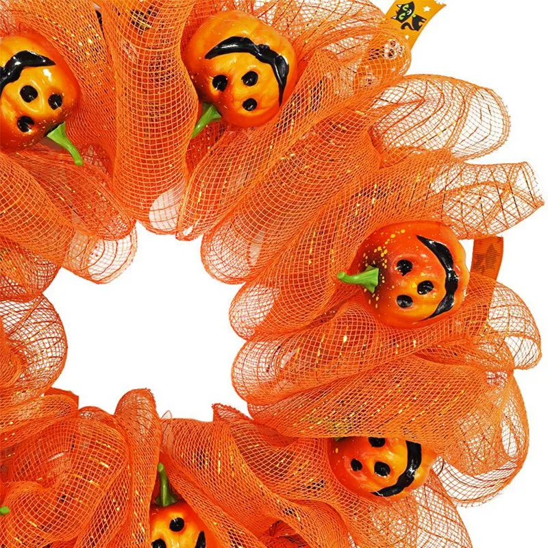 Couronne de Porte d'Halloween Artificielle d'Automne, Citrouille Noire et Orange, Tissu en Maille, Guirxiété pour Décoration Intérieure et Extérieure