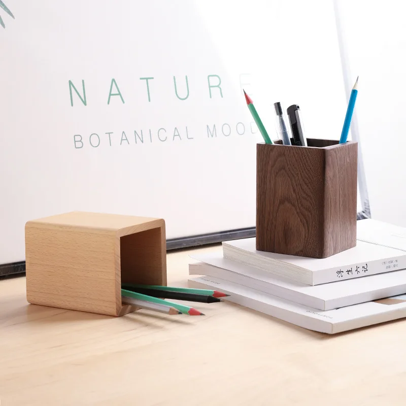 

2pcs Solid wood creative pen holder black walnut desktop storage box simple Japanese style learning office stationery gift