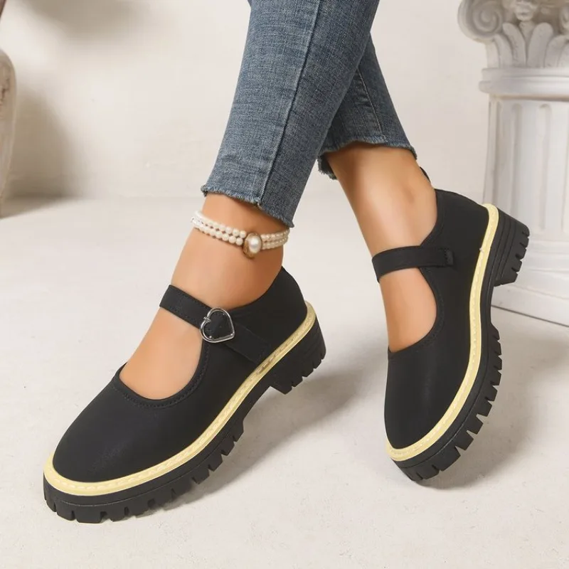 Women's Mary Janes Round Toe Low Chunky Heel Casual Footwear Matte Leather Look Heart Buckle Strap Contrast Stitching Daily Use