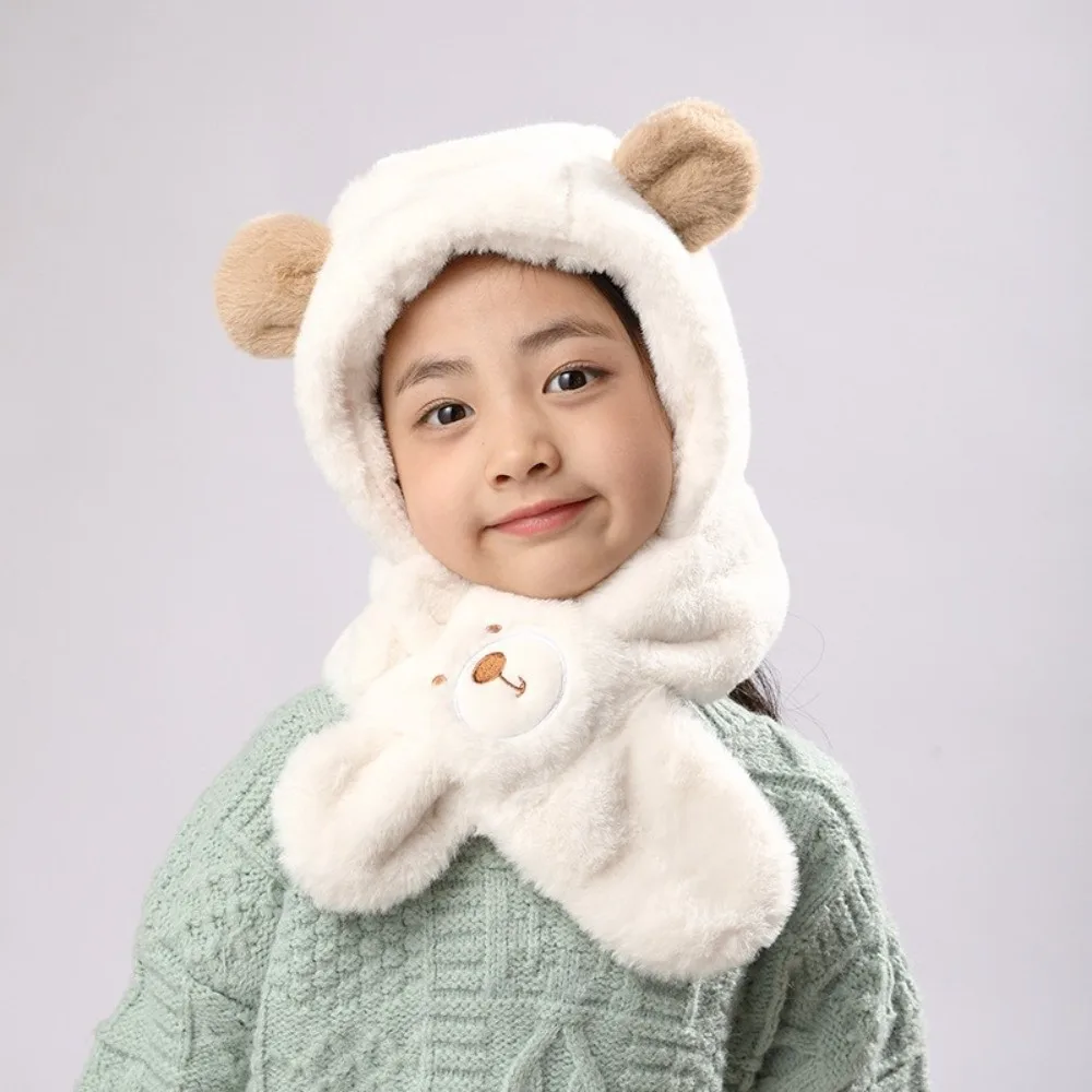 

New Plush Integrated Hat Scarf Set Warm Windproof Pullover Cap Coldproof Beanie Hat 3-10Y