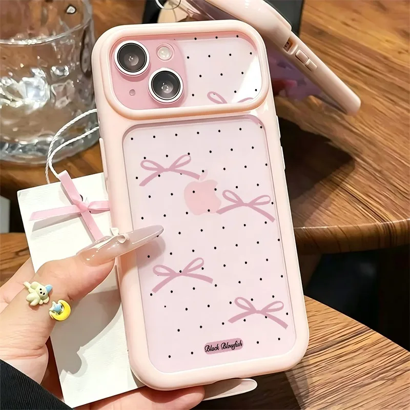Sweet Pink Bow Black Dot Transparent Phone Case, Anti-Slip Large Window Protective Shell For iPhone