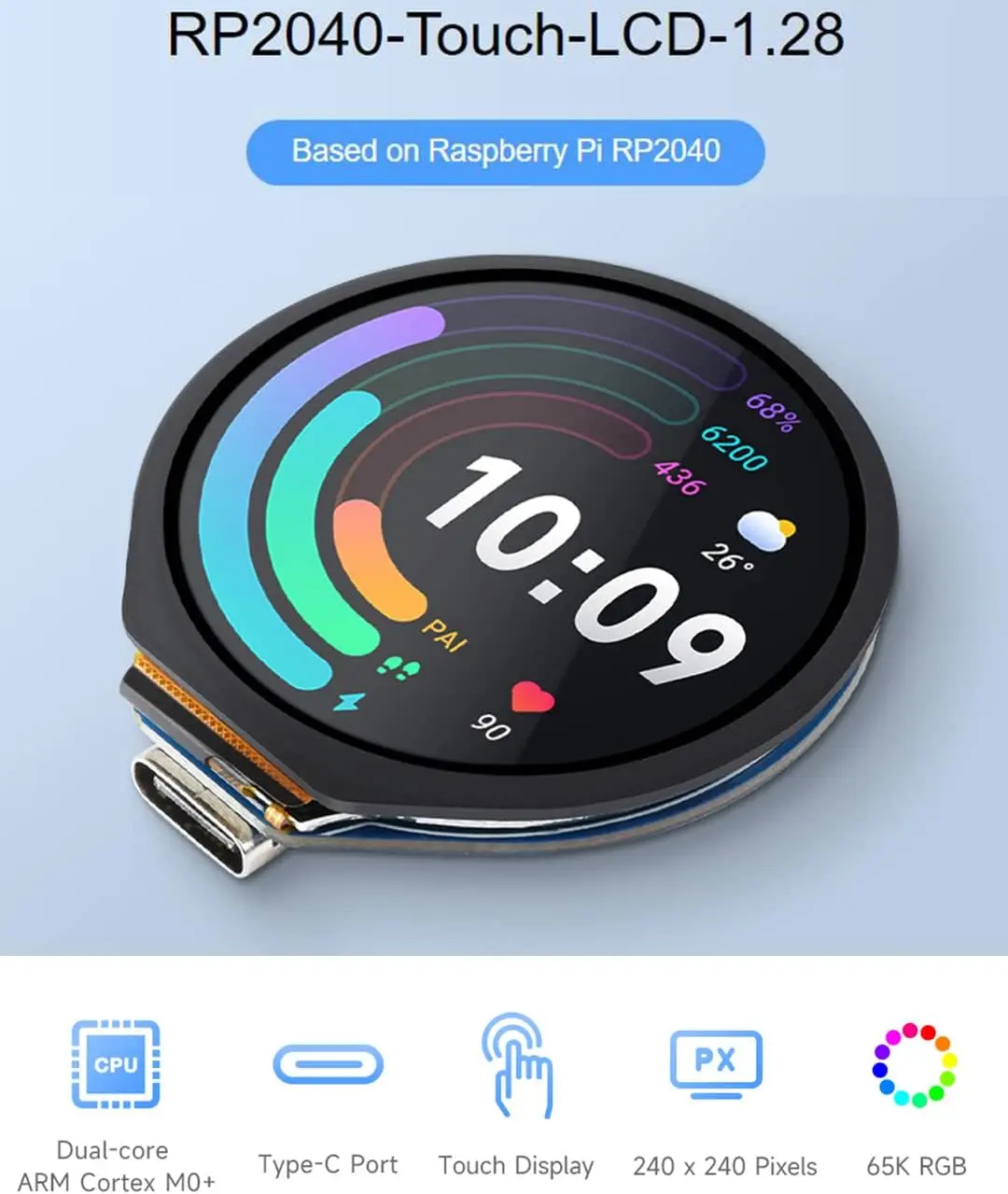 Waveshare RP2040 1.28 pouces IPS écran tactile rond LCD RP2040-Touch-LCD-1.28 240x240 prise en charge C/C ++ MicroPython Arduino IDE