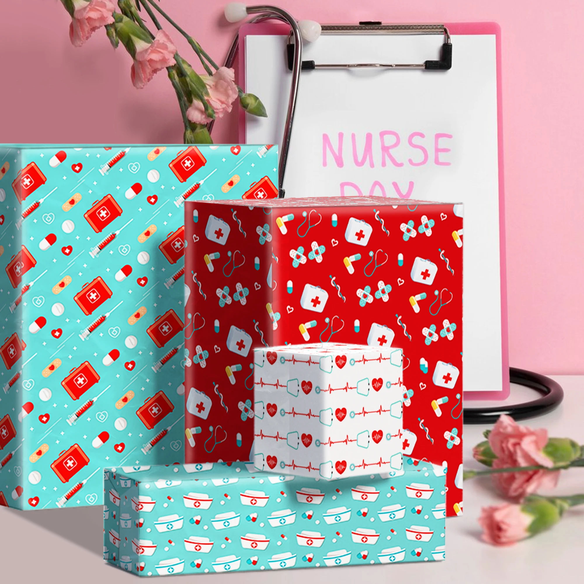 12pcs Happy Nurses Day Pattern Gift Wrapping Paper Baby Birthday Gifts Decorative Packing Paper Party Material Craft Papers
