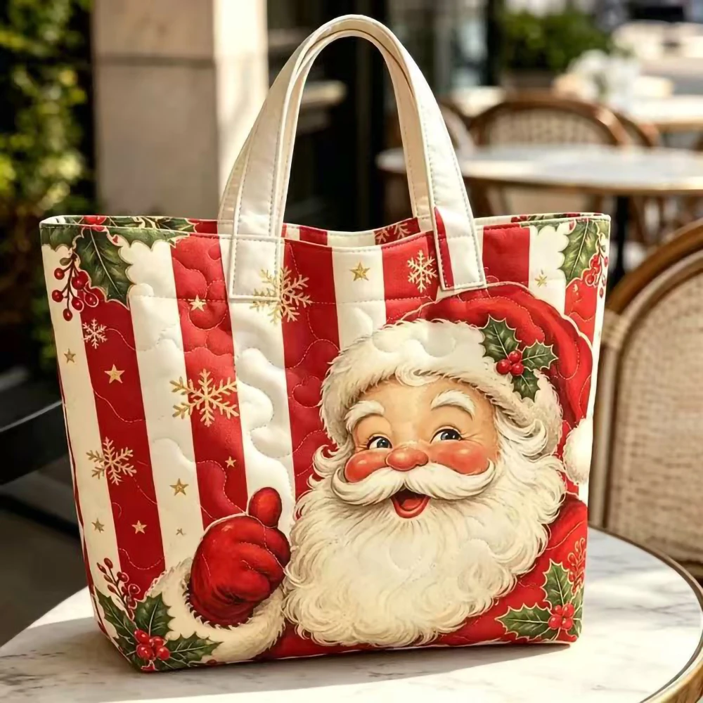 Quilted Tote Bag Santa Claus Christmas Pattern Large Capacity Handbag Shopping Bag for Holiday Gift Grocery Daily Use