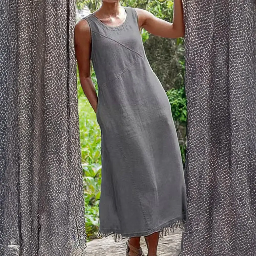 Women Polyester Dress Elegant Maxi Dress with Pockets for Women Loose Crew Neck Tank Dress for Beach Vacation Long Sundress