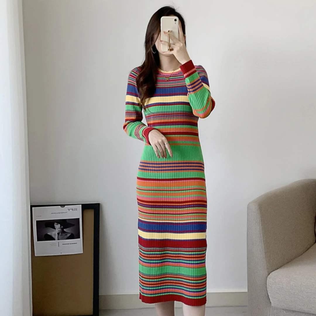 Fashion Women's Long Dresses Striped Knit Dress Autumn Women Long Sleeve Dress Rainbow Women's Clothing