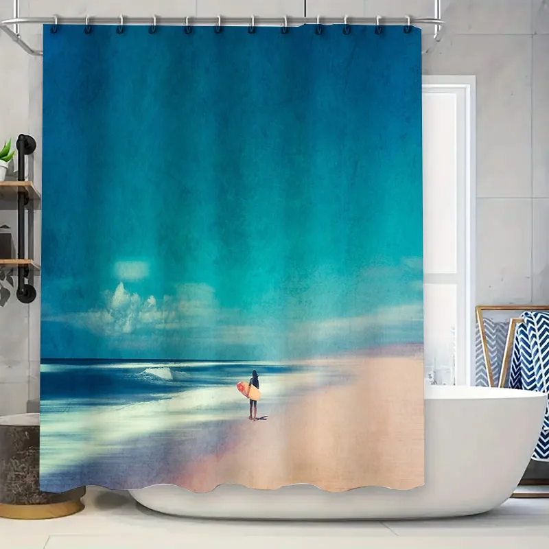 

Ocean Sunset Beach Curtain Scenic Coastal Bathroom Decor Serene Waves Tranquil Vibes Artistic Shower Curtain Nature Landscape Wa