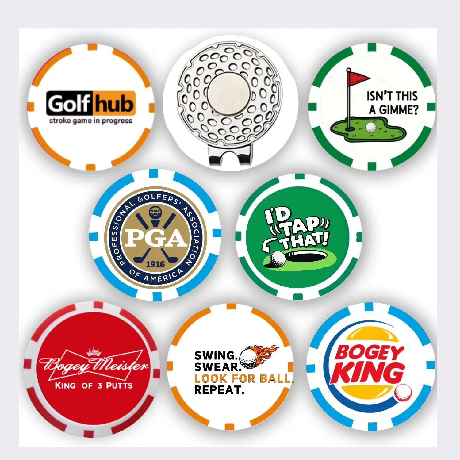 7 Pcs PGA Golf Ball Markers with Magnetic Hat Clip - Golf Poker ABS Markers for Golf Hat, Perfect for Father's Day