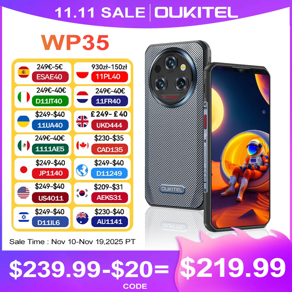 Oukitel WP35 5G Rugged Smartphone 24GB+256GB Android 14 6.6'' 2.4K 11000mAh Mobile Phone  64MP Camera NFC Cell Phone