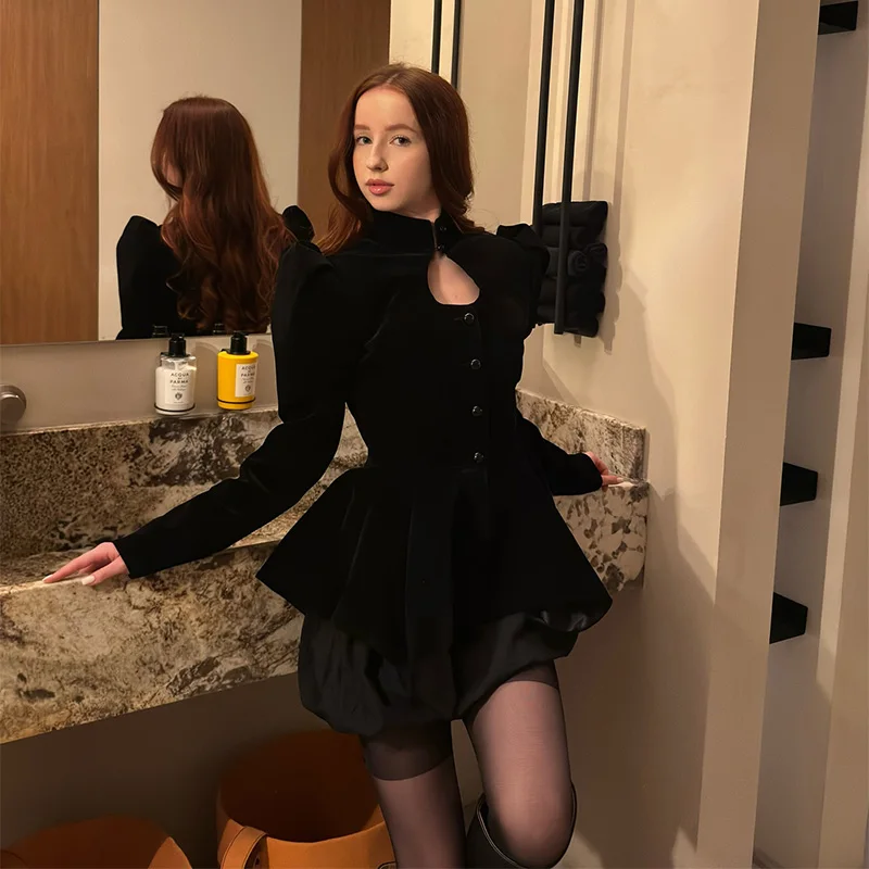 

Black Gothic Two Piece Set For Women Puff Sleeve Peplum Top & High Waist Bubble Shorts Y2k Party Outfit