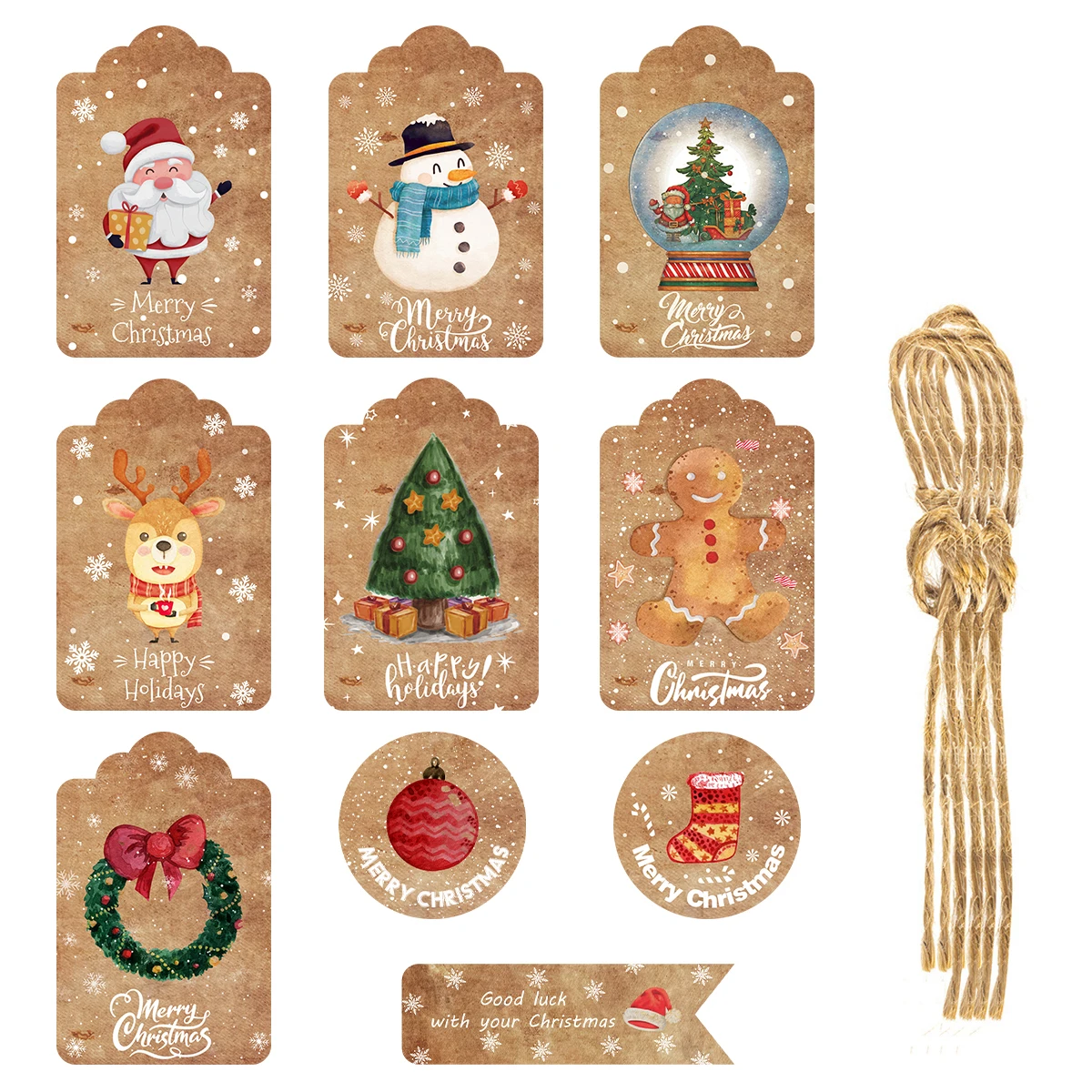 60Pcs Christmas Gift Tags With Rope Snowman Santa Claus Brown Kraft Paper Hanging Labels Xmas Natal Home Party Gift Decorations