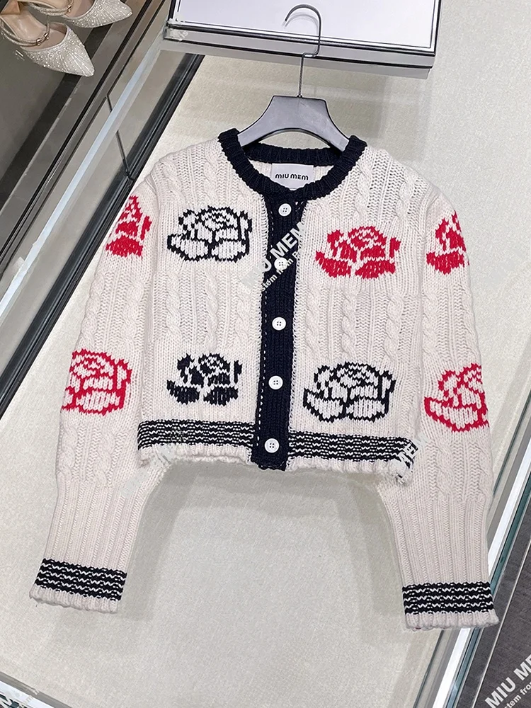 

Miumem Women's Knitted Floral Cardigan Spring 2025 Versatile Long Sve ort Coat Button Detail Commute Sle Regular Fit