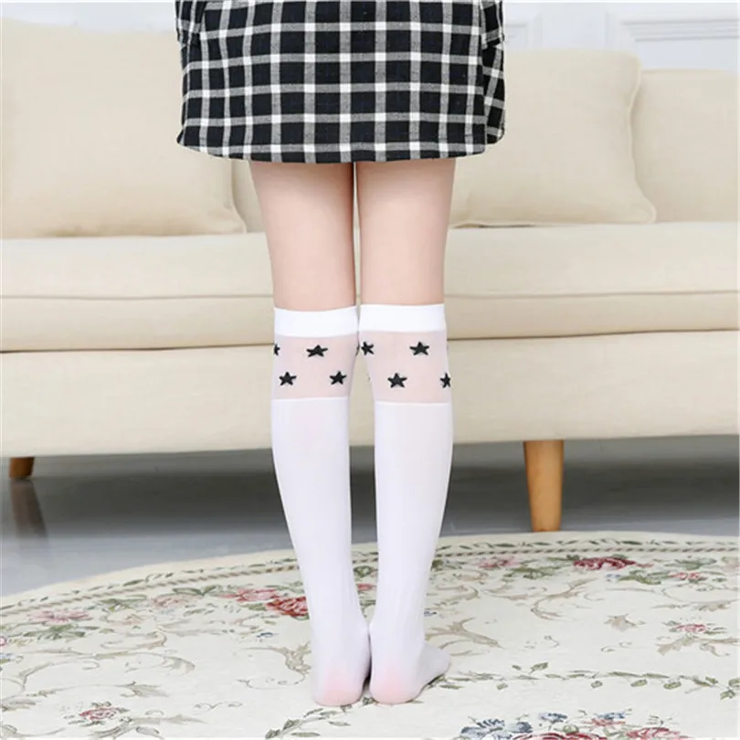 Sweet Girls White Knee High Cotton Socks Cartoon Star Heart Striped Pattern High Stretch Breathable Daily Casual Long Stockings