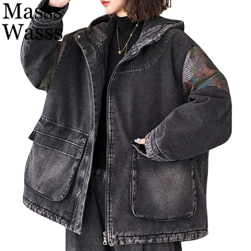 قداس واس الشتاء المطبوعة الدافئة الدنيم مقنعين معاطف المرأة عارضة الأزياء الكلاسيكية مبطن الستر السيدات خمر رشاقته سترات