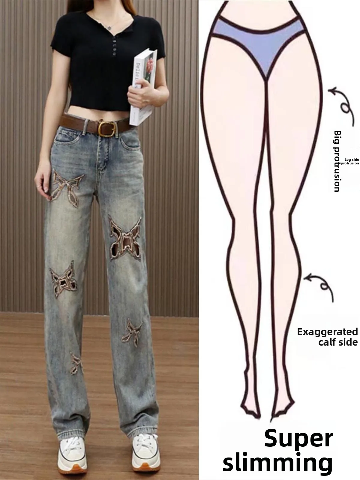 

Faionable Straight Leg High Waist Jeans Women's Summer New Sle Slimming Floor-Length American Sle Hole Wide Leg Pants