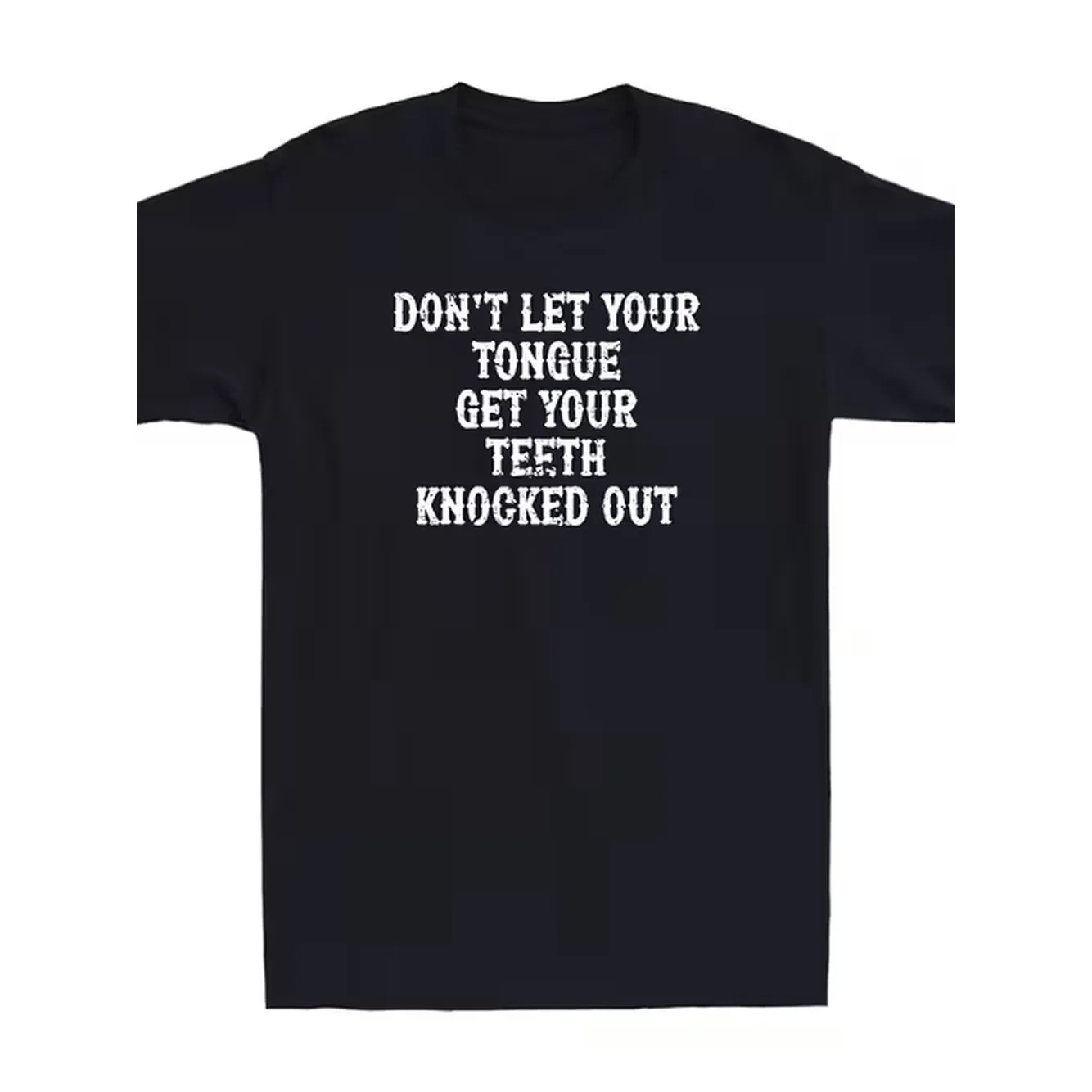item picture funny dental humor mens t shirt dont let your tongue get your teeth knocked out slogan navy blue with white print comfortable crew neck tee for boxers athletes casual wear casual top