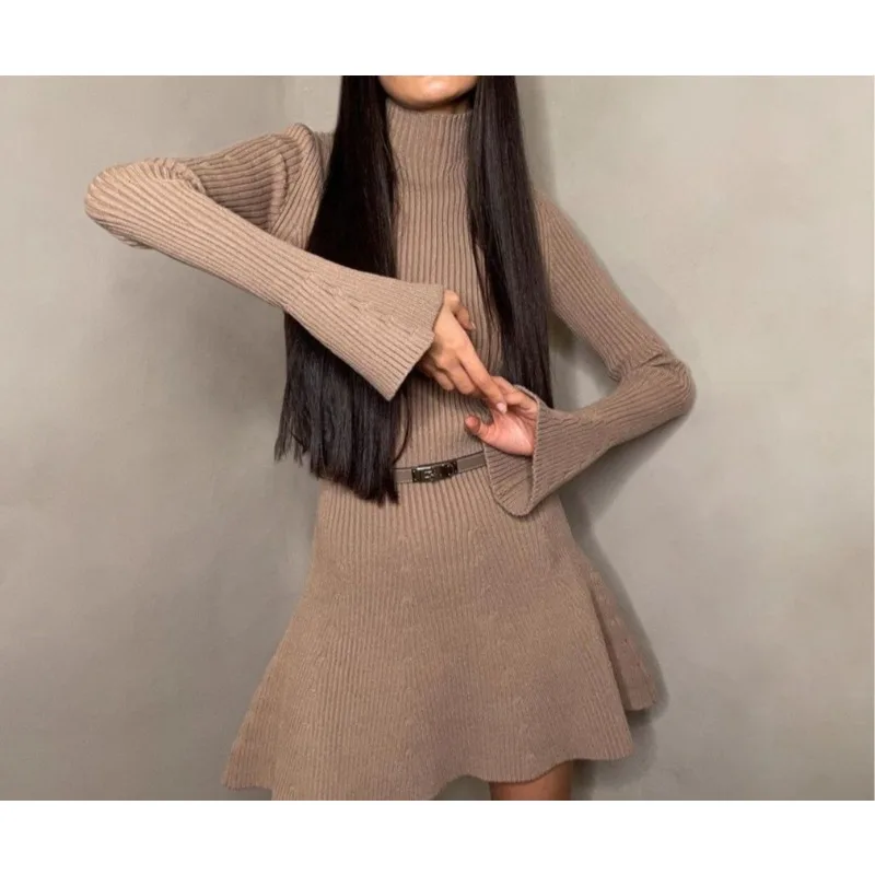 

High Ne Long Sve ort Knitted Dr Slim Fit Pure Color Women's Faion Осень Зима Новое поступление трапециевидной формы Dr