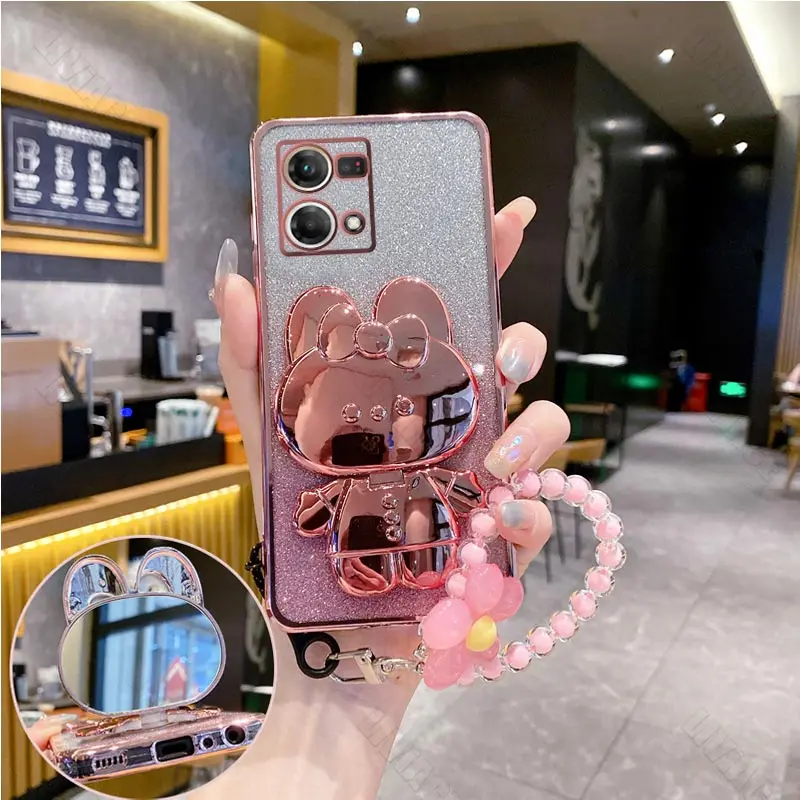 reno7 Flower Strap Mirror Rabbit Phone Holder Case For Oppo Reno 7 8 10 9 6 Pro 8 8T 6Z 4 3 2 7SE 7pro 5k 2z Stand Cover reno8t