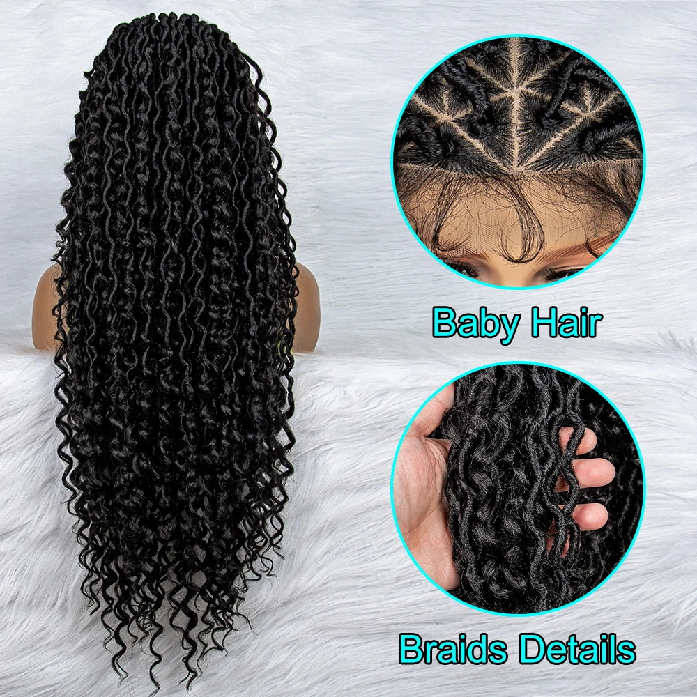 Peluca sintética de encaje completo para mujeres negras, peluca trenzada de caja sin nudos, cabello trenzado, ONDA DE AGUA, trenzas onduladas