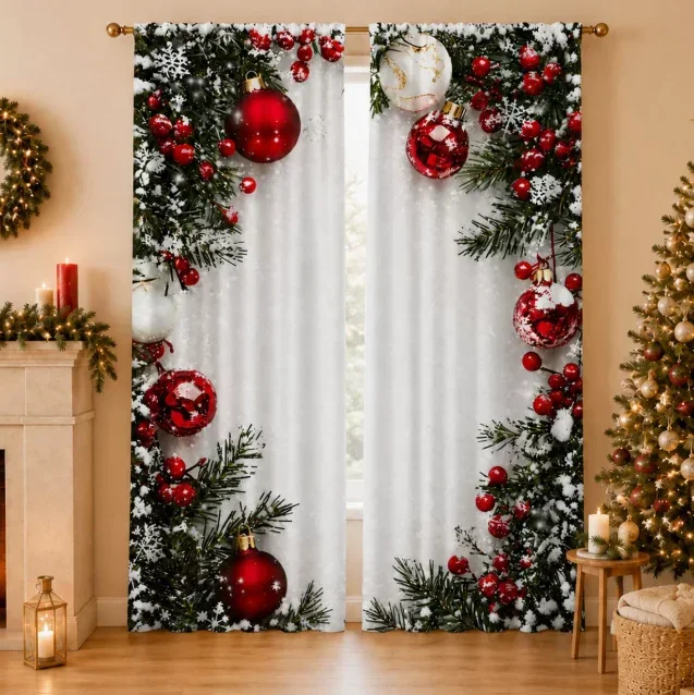 2pcs Christmas Pine Branch Curtain Red Bauble Snowflake Holly Berry Ornament Curtains Bedroom Living Room Christmas Home Decor