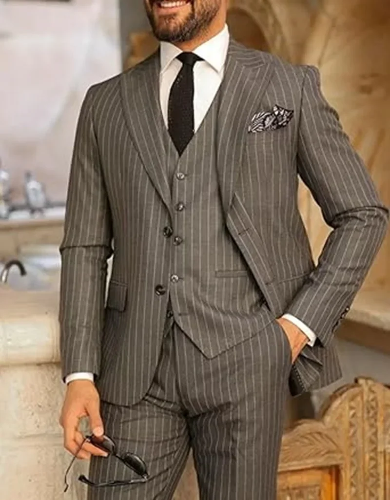 

3Piece Men's Elegant Fine Stripe Suit with Blazer Lapel Vest And Pants High Quality Custom Business Wedding Tailored Clothing