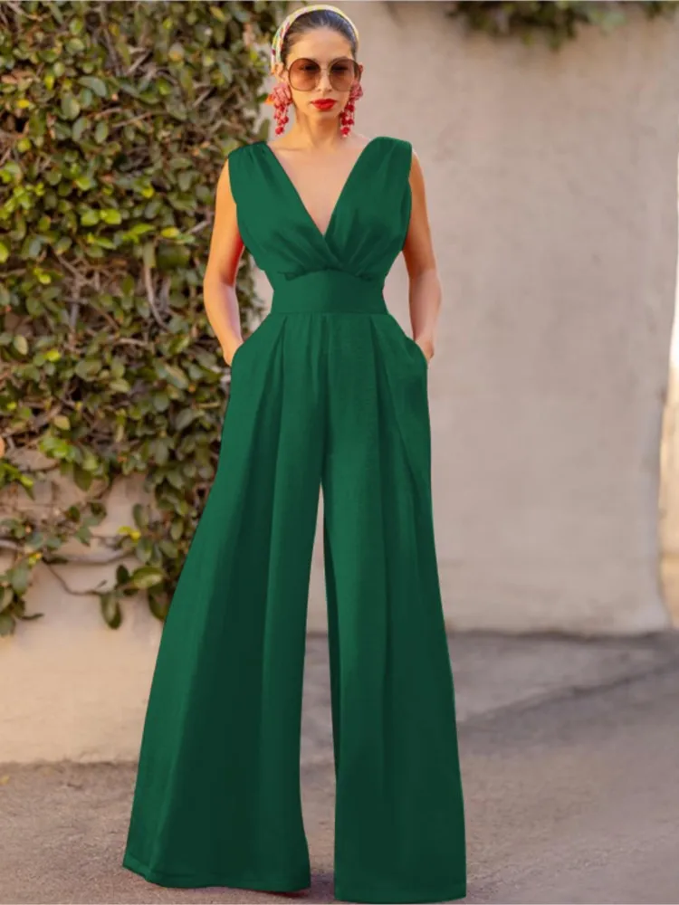 Summer Women\'s New Solid Color Slim Fit Sexy V-neck Sleeveless Jumpsuit High Waist Slimming Straight Leg Wide Leg Pants Women