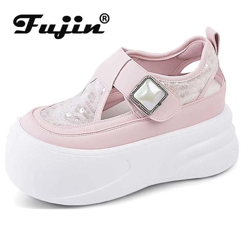 Fujin 9cm 2024 Microfiber Leather Air Mesh Mary Jane Summer Sandals Women Shoes Hook Platform Wedge Round Summer Fashion Ankle