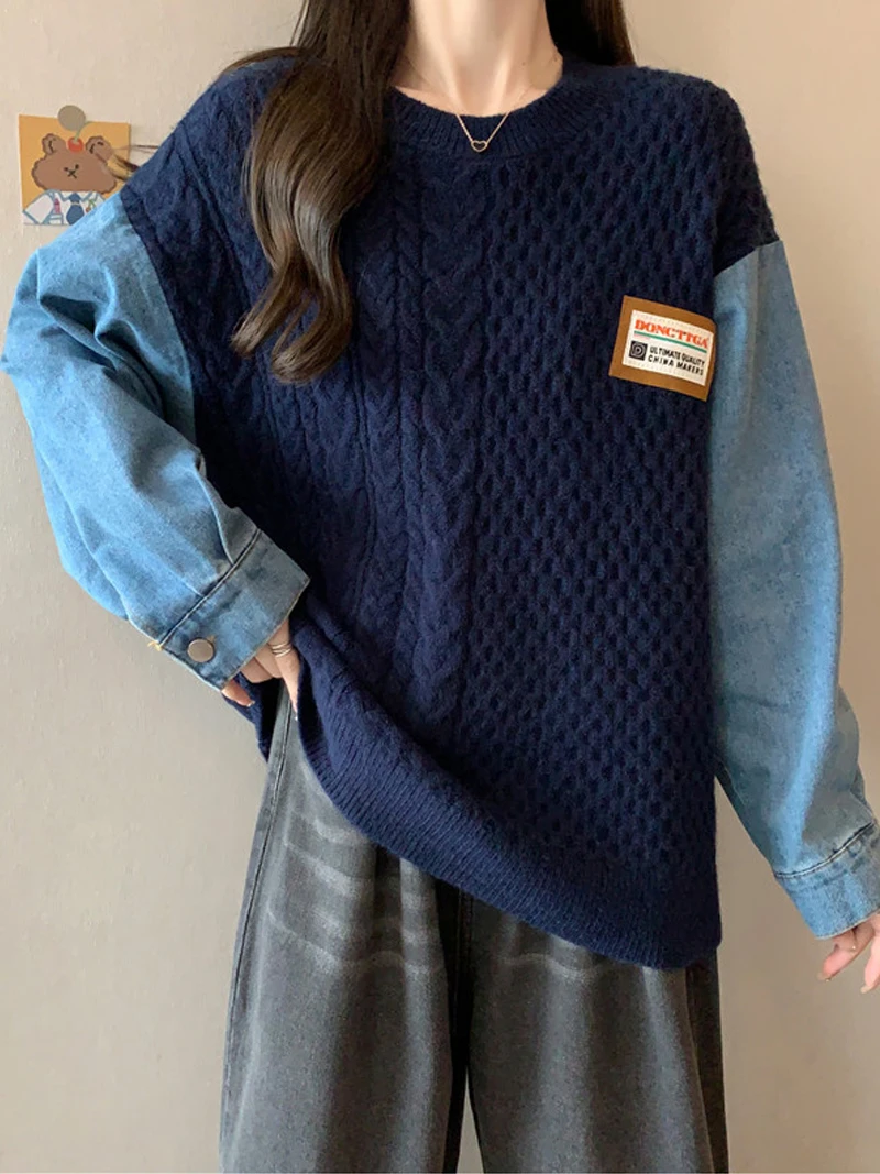 Sweater rajut wanita lengan panjang, Sweater Denim tambal sulam lengan panjang longgar segar leher O sederhana serbaguna musim gugur musim dingin