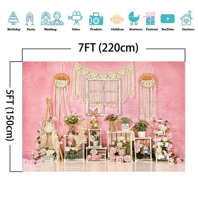 용수철 부활절 꽃 사진 배경, 꿈의 정원 핑크, 추상화 벽 토끼 장식, 어린이 케이크 스매시 사진 배경