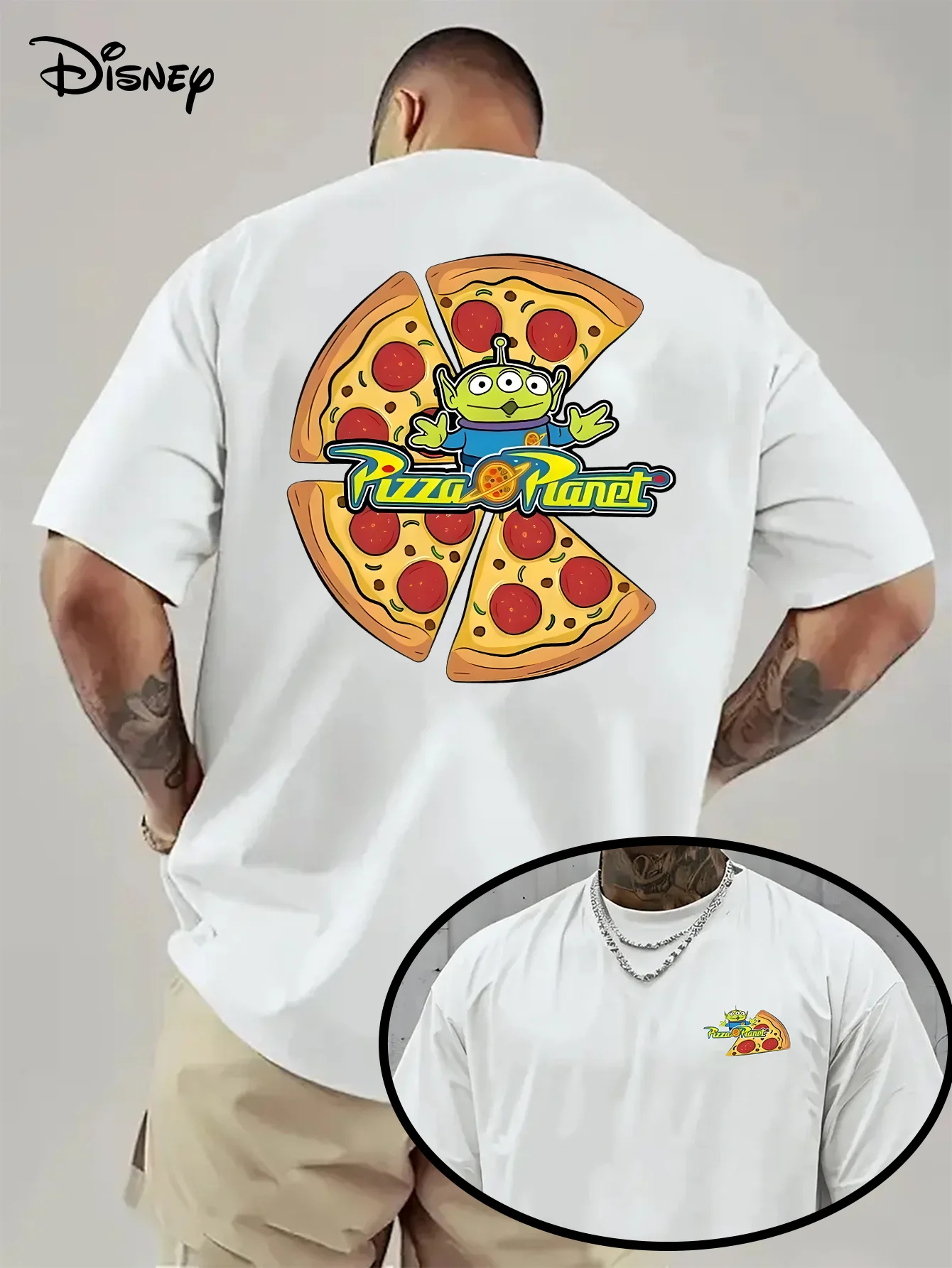 

Мужская милая футболка Disney с принтом «Планета пиццы», модная футболка с короткими рукавами из дышащей ткани, летний повседневный топ Disney