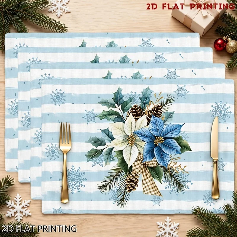Blue Striped Poinsettia Pine Cone Holly Print Table Mat Watercolor Style Winter Xmas Dining Table Decoration