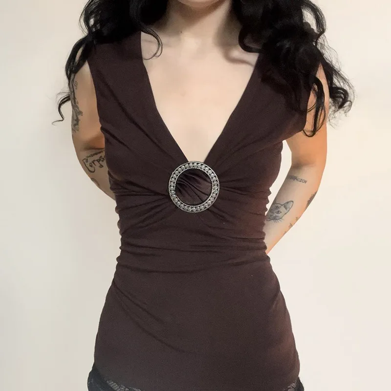 

summer tank top women clothes deep V-neck metal ring sequins pleated slim fit bodycon sexy streetwear brown solid color