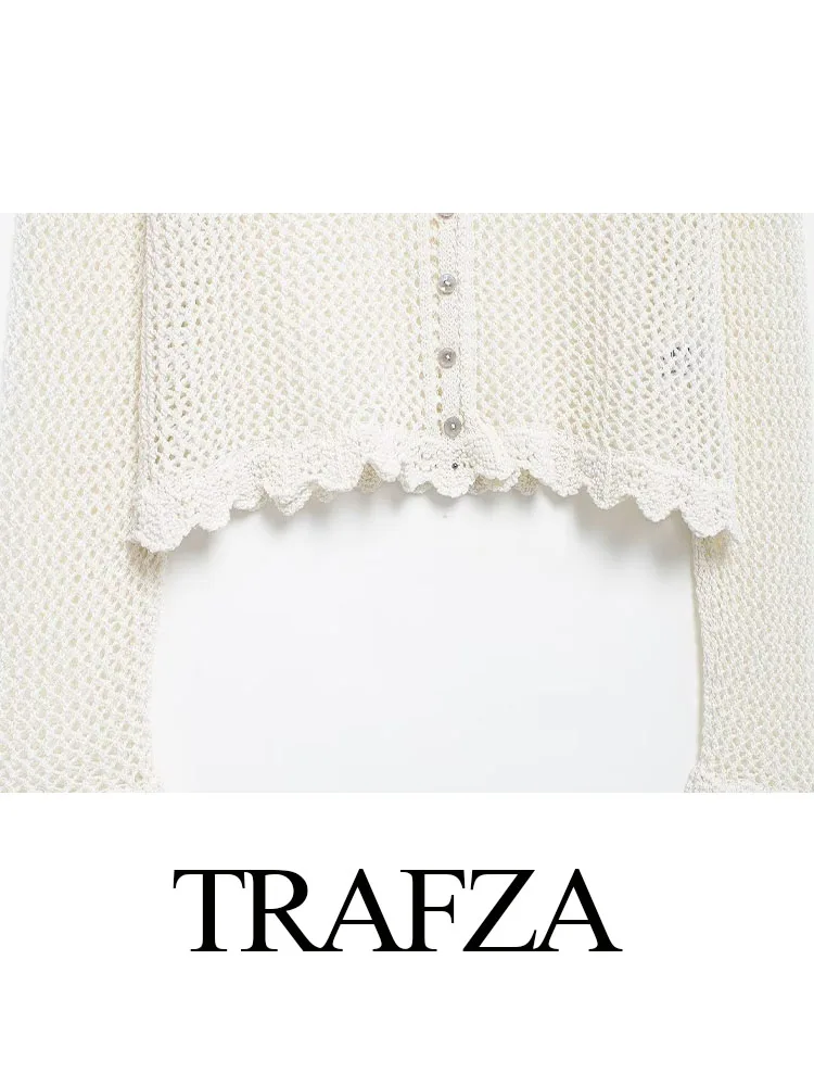 TRAFZA Women Summer Elegant Sweater Hole Decorate O-Neck Romantic Style Long Sleeves Single Breasted Knitted Cardigan Coat Mujer