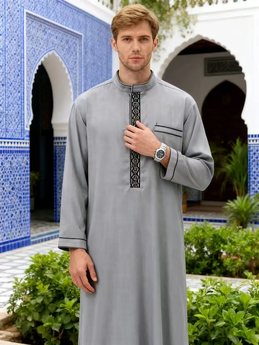 Muzułmańskie etniczne haftowane szaty męskie z długim rękawem, haftowane szaty z długim rękawem, arabskie szaty ze stójką, tradycyjne stroje