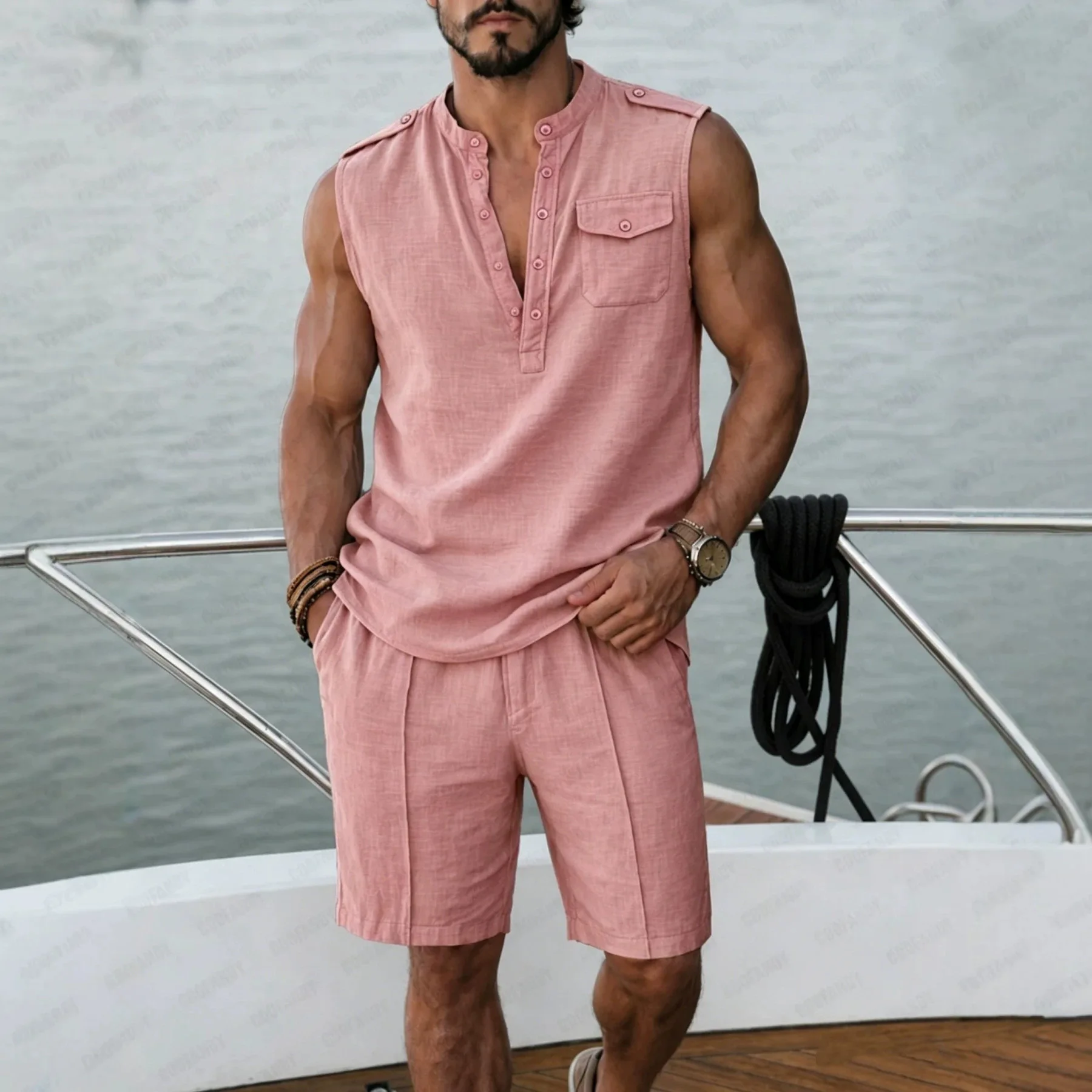 Men's Summer Cotton Linen 2 Piece Set Sleeveless Henley Shirt Pocket Casual Shorts Suit Breathable Loose Beach Vacation Matching