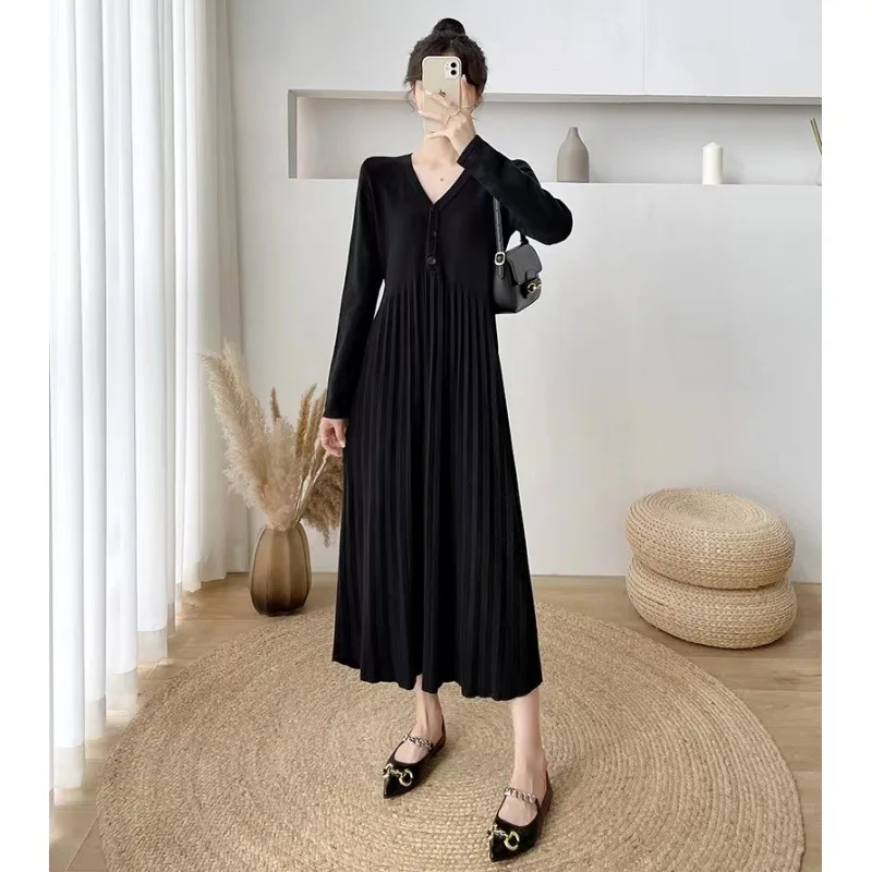 ملابس الأمومة خريف جديد فضفاض غطاء البطن تخفيض العمر فستان طويل الركبة موضة مطوي #2