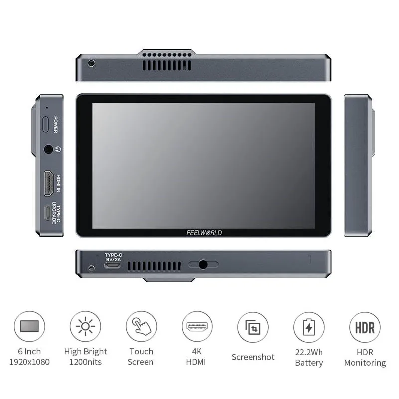 FEELWORLD P6XL 6 Inch Aluminium Built-in Battery DSLR Camera Field Monitor Touch Screen 4K HDMI High Brightness 1200nit