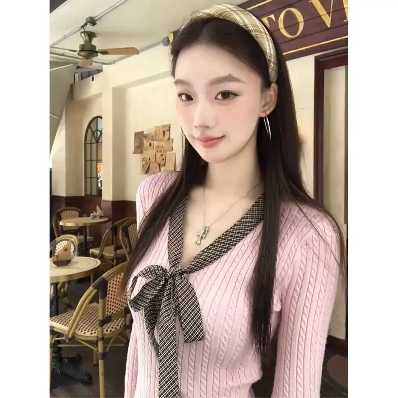 

Вязаные свитера-поло с бантом, элегантные розовые женские свитера с длинным рукавом, однотонные джемперы, осенне-зимние пуловеры, топы-свитеры