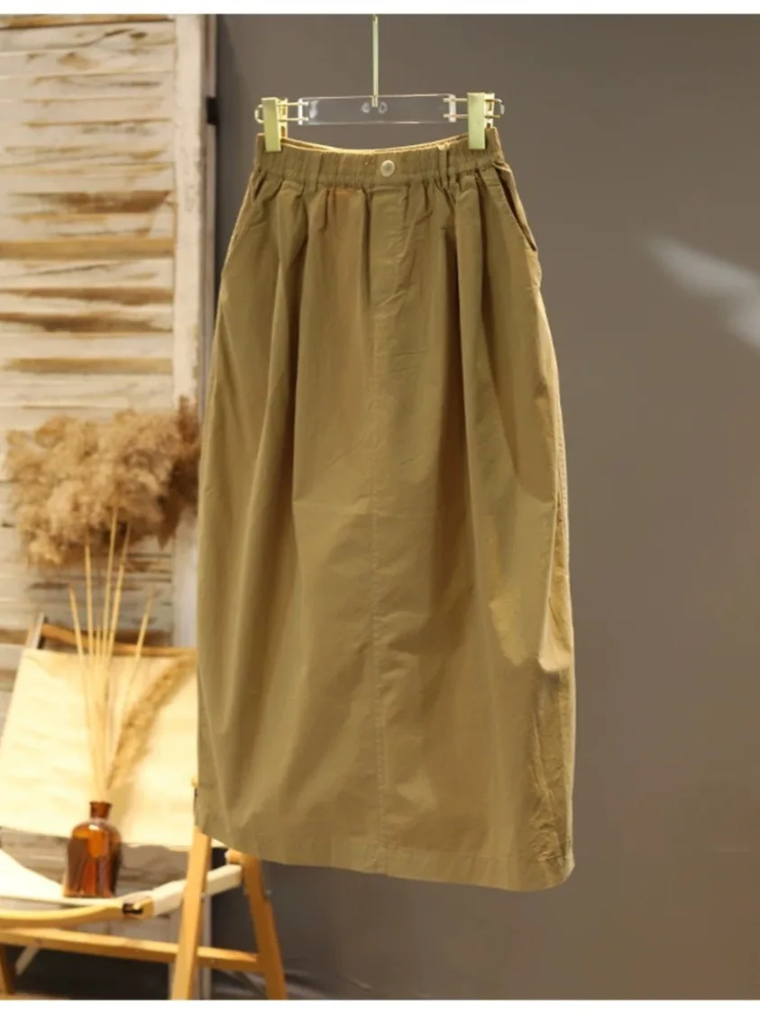 

Summer Artistic Color Long Elastic Waist Split A-Line Skirt plus Size Women Casual Wear Cotton Polyester Blend