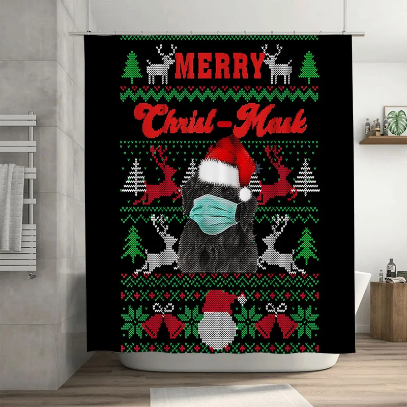 

Funny Christmas Mask Dog Shower Curtain, Merry Chrilmask Design with Santa Hat for Humorous Festive Bathroom Decoration