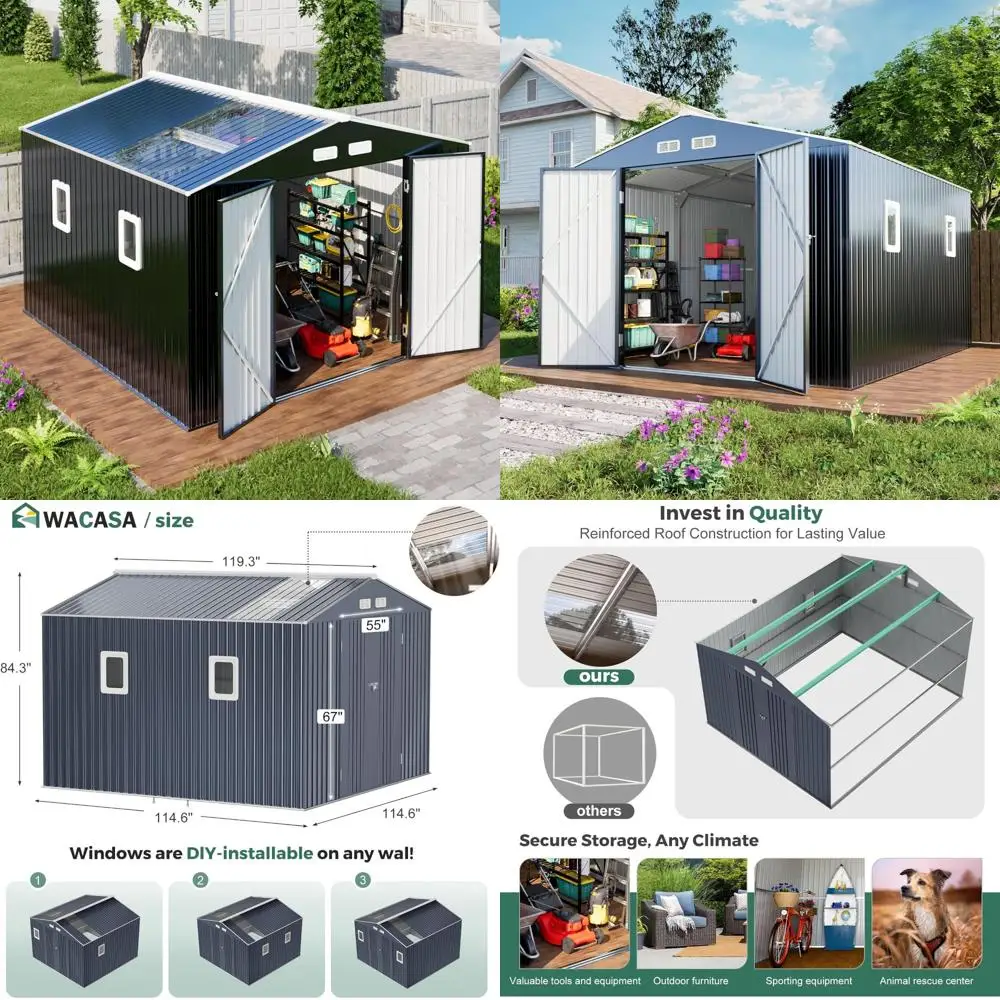 

Наружные навесы для хранения вещей 10x10 с натуральным светом, полупрозрачными крышами, окнами и запираемыми дверцами